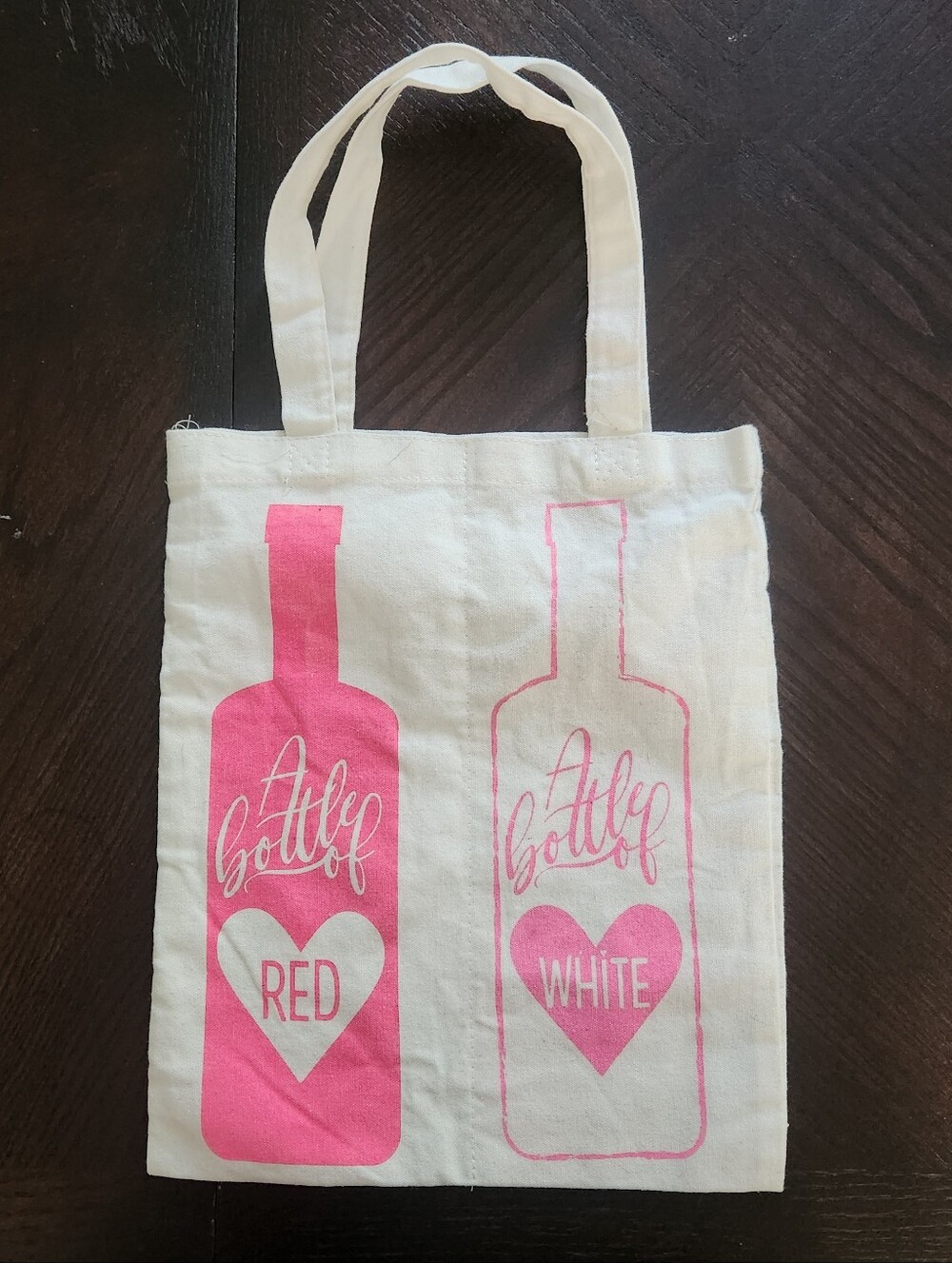 Wine Bottle Tote - Pink Print on Cream Canvas. Bottle Of Red - Bottle Of White
